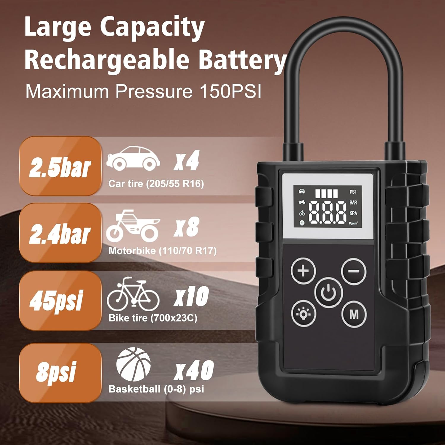 Tire Inflator Portable Air Compressor, 150PSI Portable Air Pump for Car Tires, 2X Faster Inflation Electric Air Pump with LCD Display for Cars Accessories, for Cars, Bikes, Motorcycle, Balls