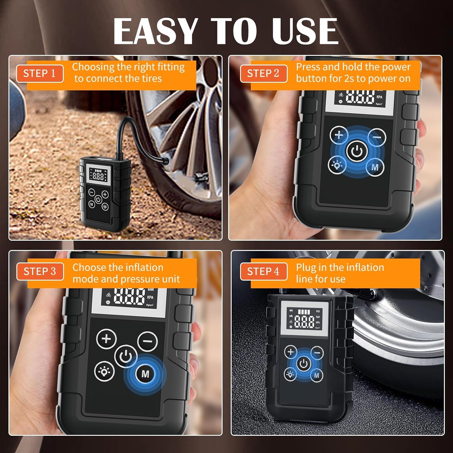 Tire Inflator Portable Air Compressor, 150PSI Portable Air Pump for Car Tires, 2X Faster Inflation Electric Air Pump with LCD Display for Cars Accessories, for Cars, Bikes, Motorcycle, Balls
